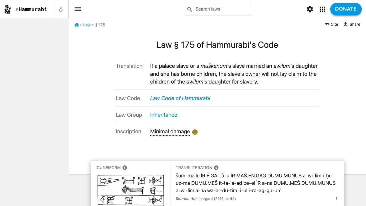 Code of Hammurabi, laws 175 and 176 website screenshot