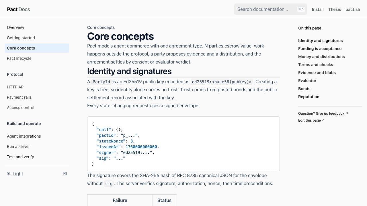 Pact identity, escrow, evidence and settlement concepts website screenshot