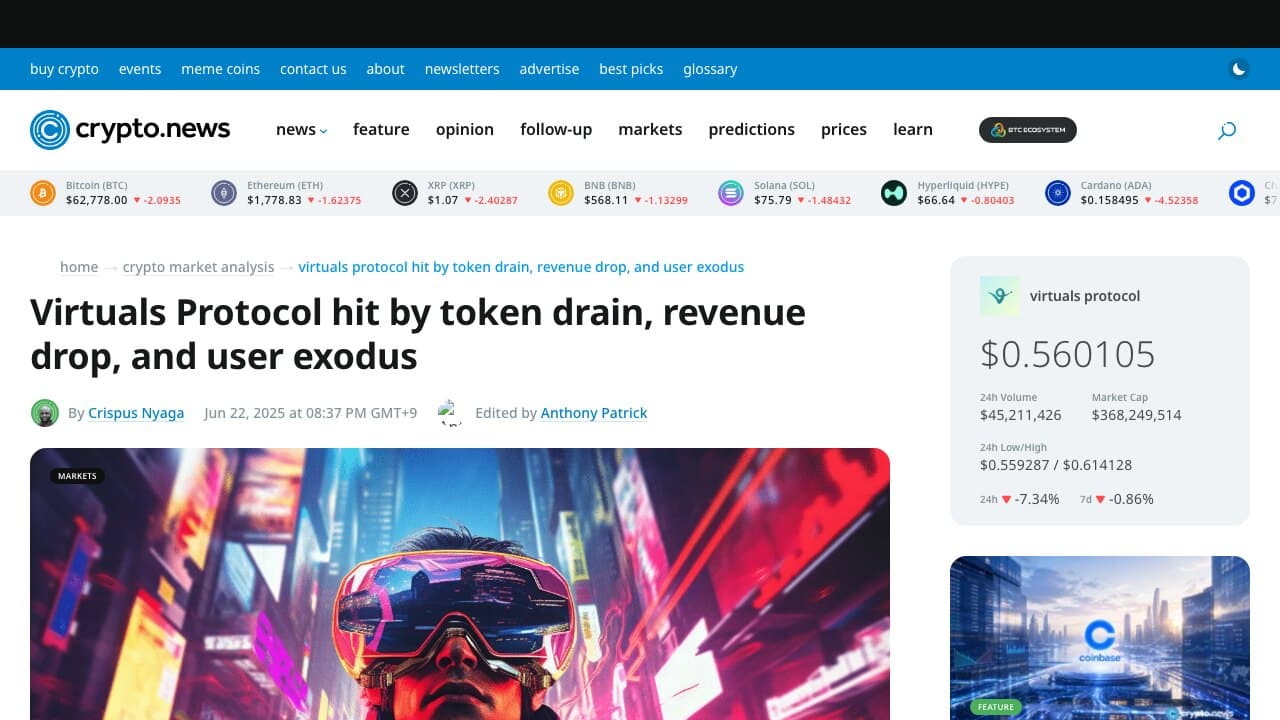 Virtuals Protocol revenue decline website screenshot
